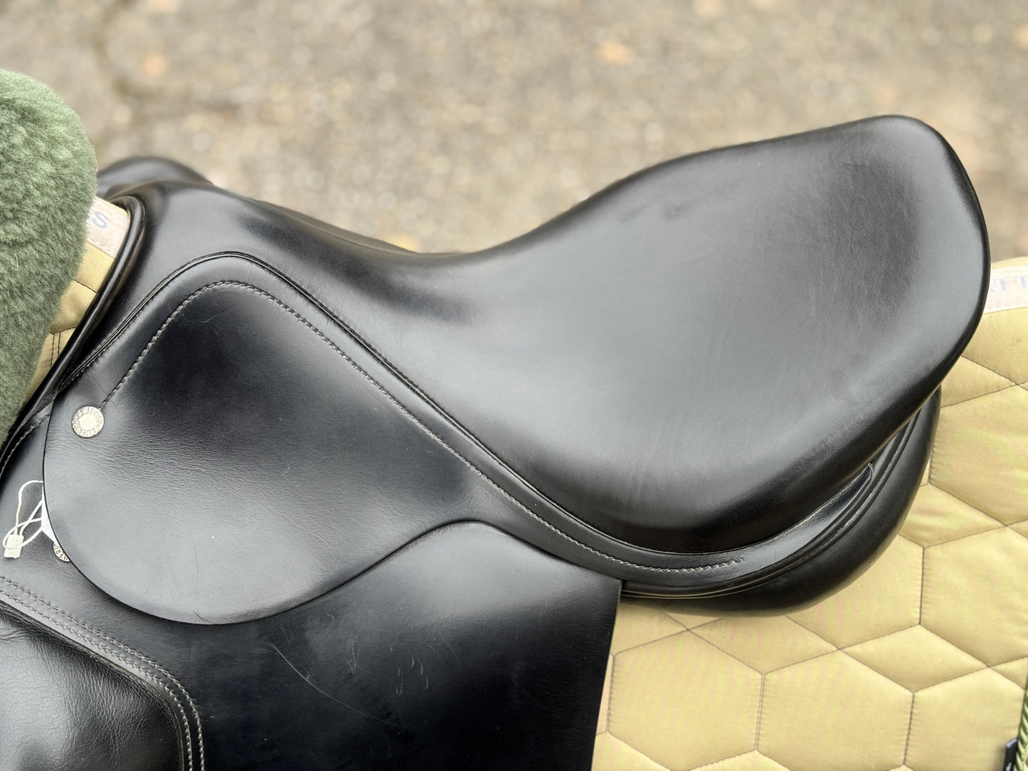 Silla de doma clásica Amerigo Basso #K89, asiento semiprofundo de 17 pulgadas