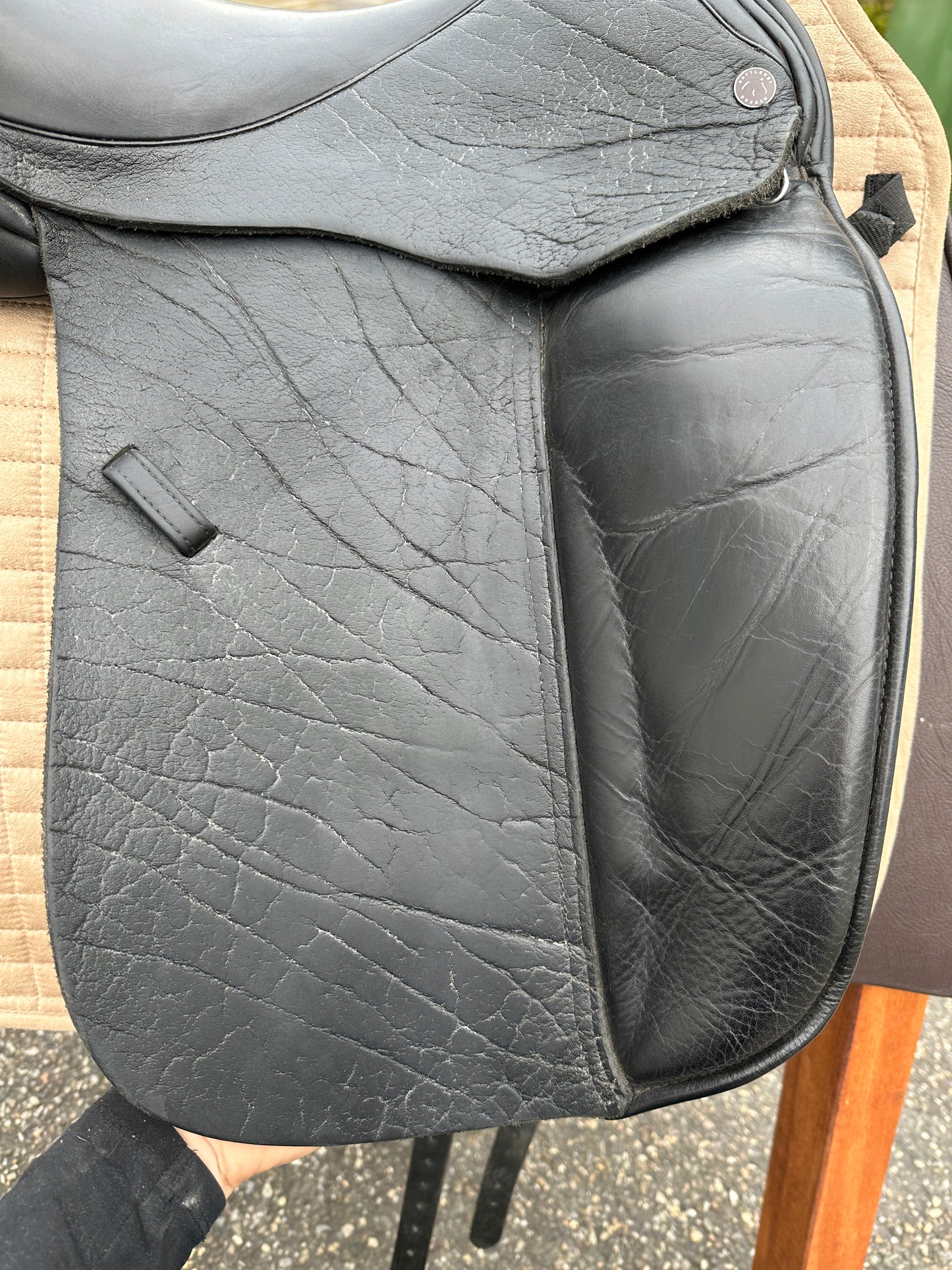 Silla de doma Dresch de 17 pulgadas con ruedas de velcro y cuero de búfalo