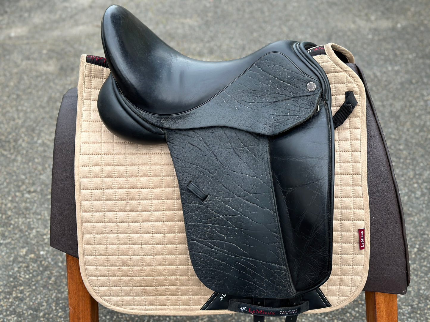 Silla de doma Dresch de 17 pulgadas con ruedas de velcro y cuero de búfalo